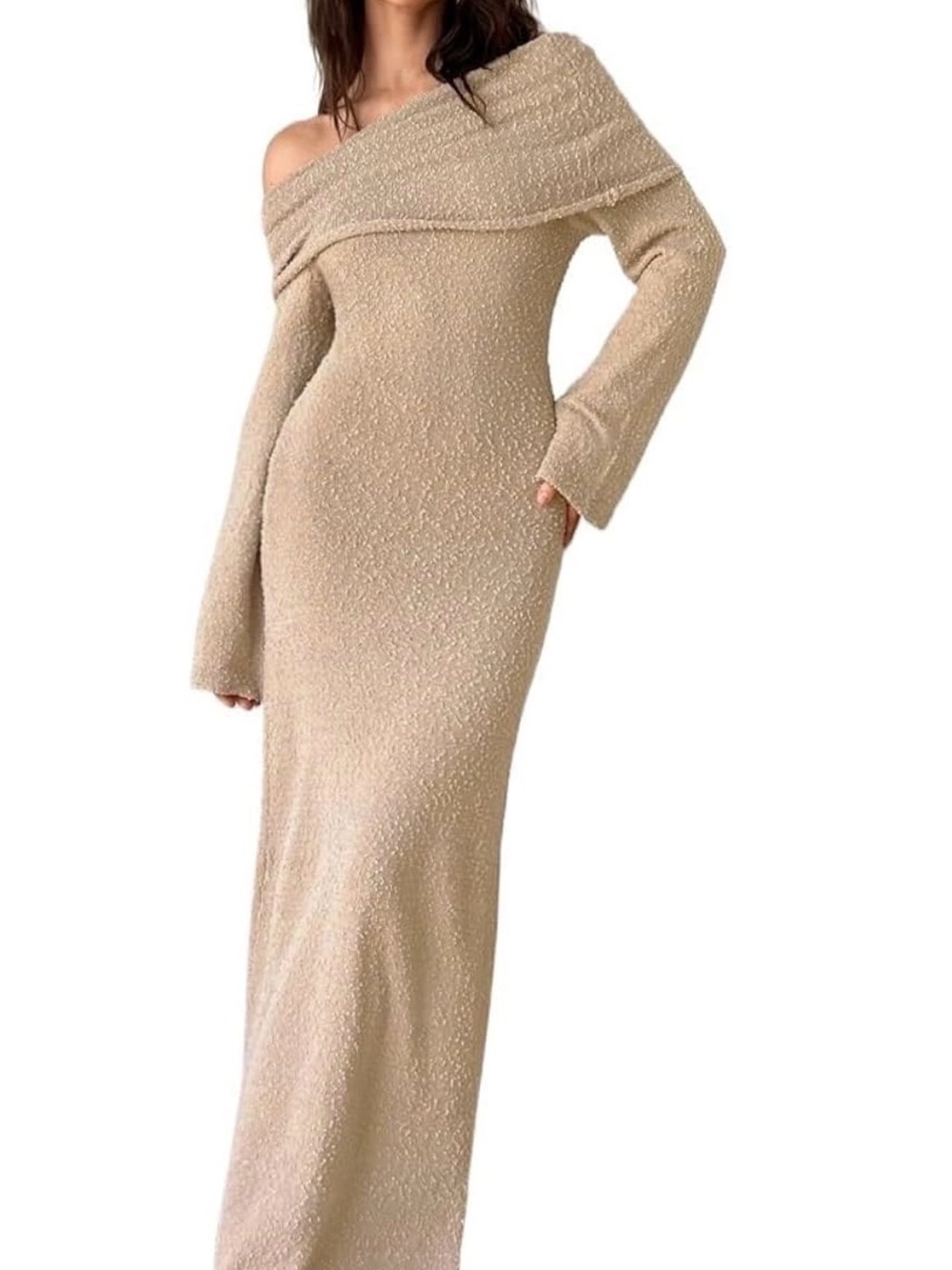 Off-Shoulder Long Sleeve Maxi Dress in Cream